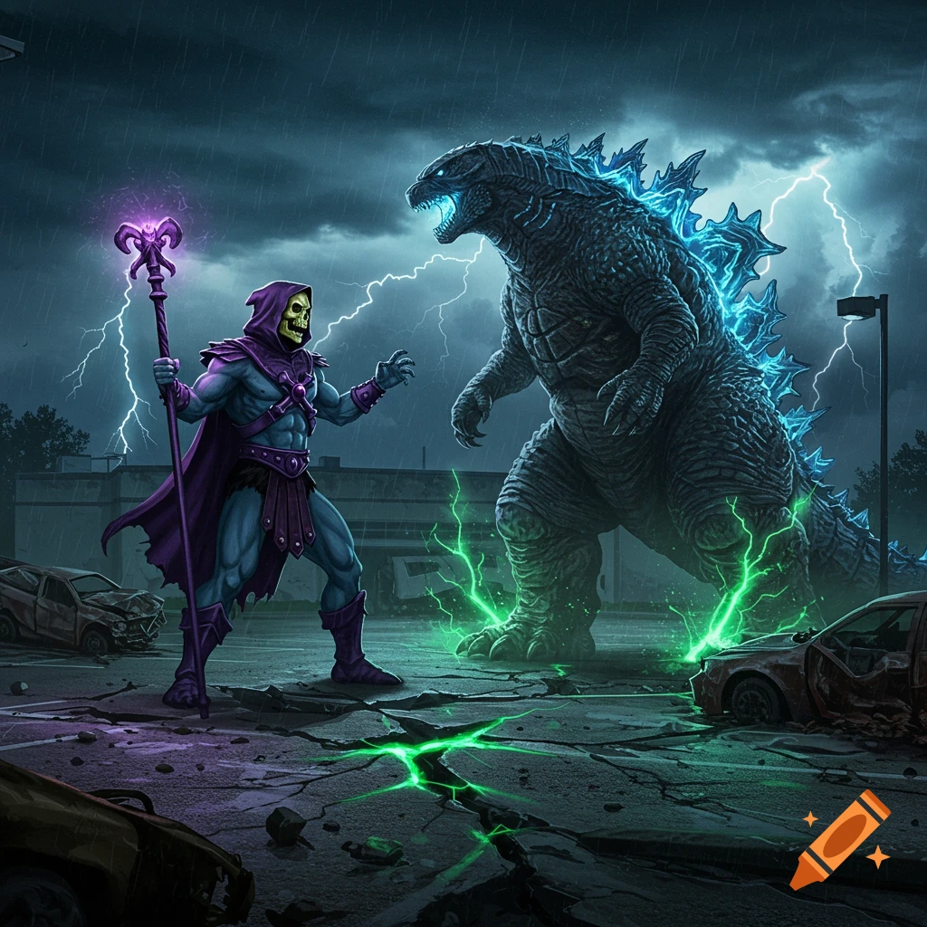 Skeletor battles Godzilla in a stormy, lightning-filled parking lot with glowing energy on the cracked ground.