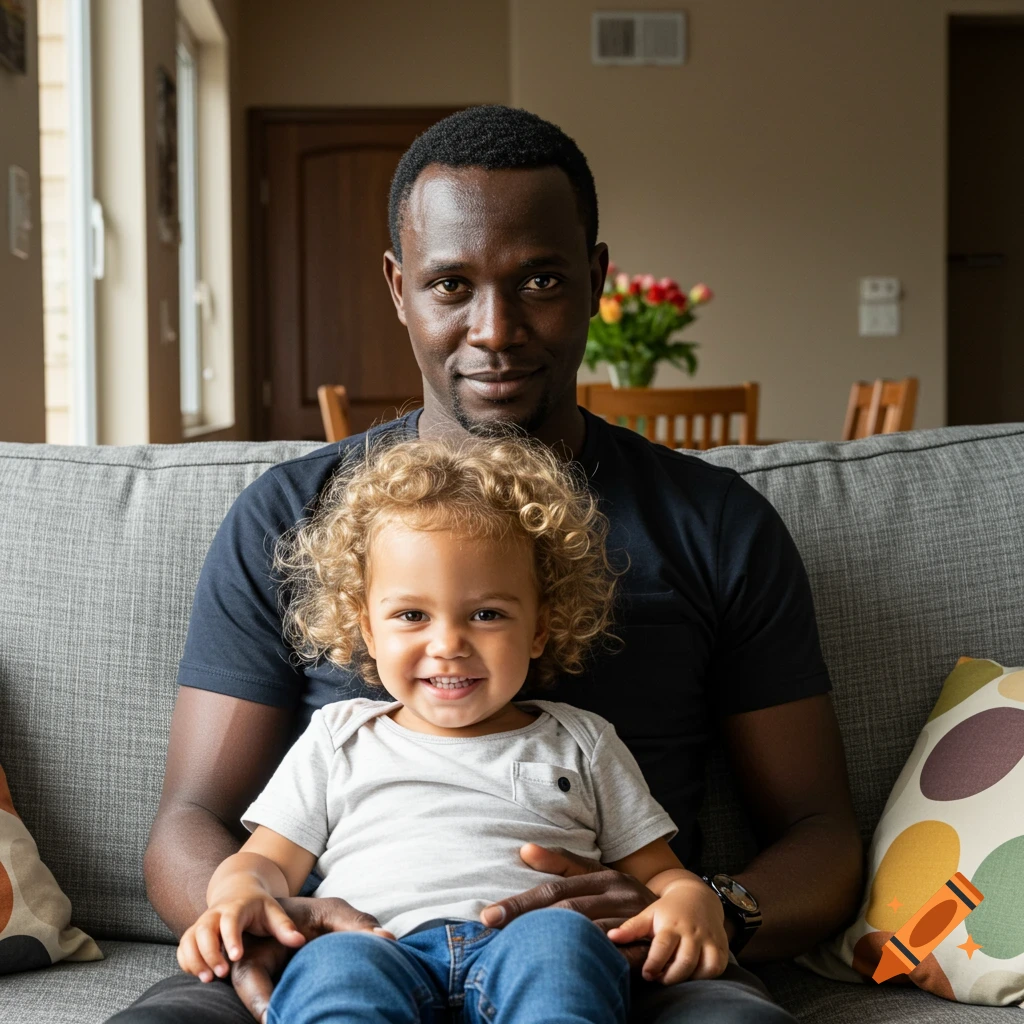 A smiling African man sits on a couch with a happy child with curly blonde hair on his lap, indoors, photorealistic.