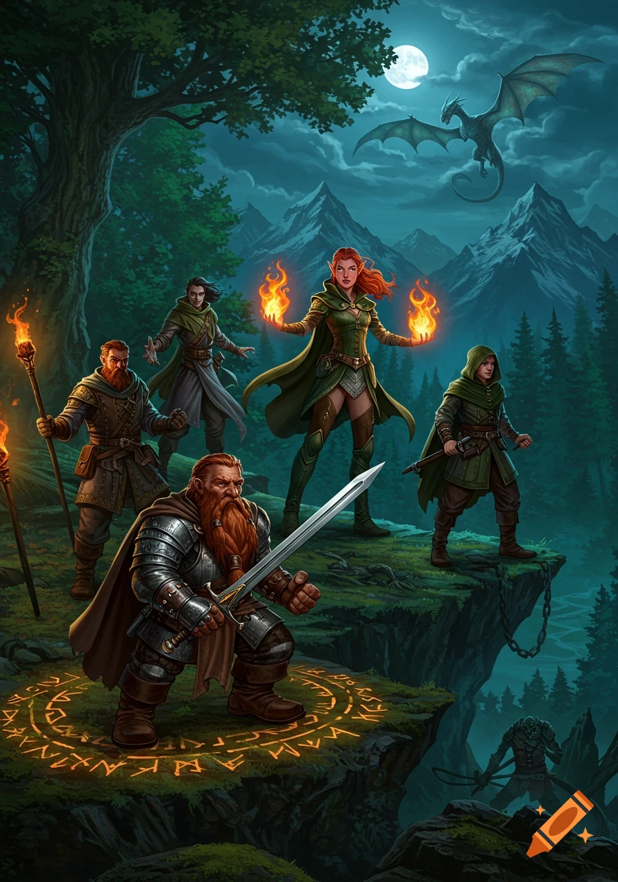 A group of diverse fantasy adventurers on a moonlit cliff with a flying dragon. Realistic fantasy art.