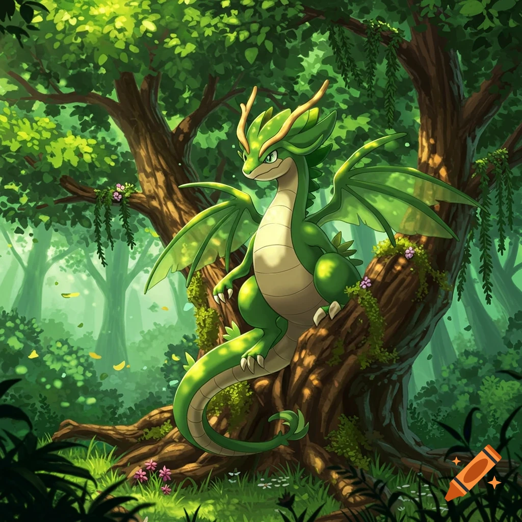 A green dragon with yellow horns and wings, resembling a Pokémon, sits on a tree branch in a lush, verdant forest. Cartoon style.