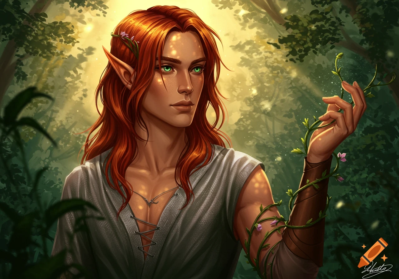 An auburn-haired male elf with green eyes in a sunlit forest, gently holding a leafy vine.