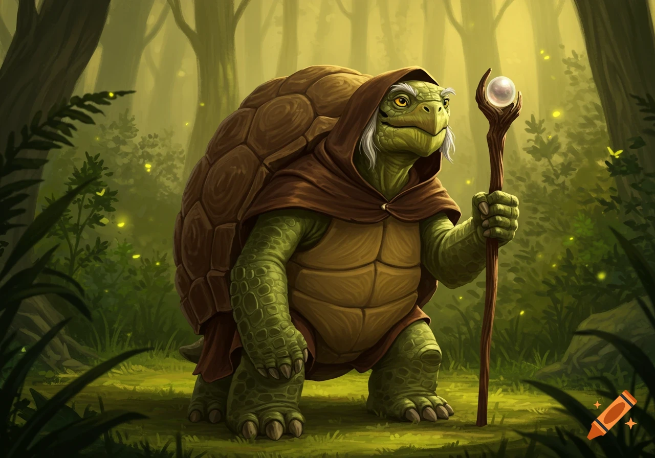 An elderly bipedal tortoise wearing a brown cloak and holding a staff with a pearl at the top stands in a glowing forest.
