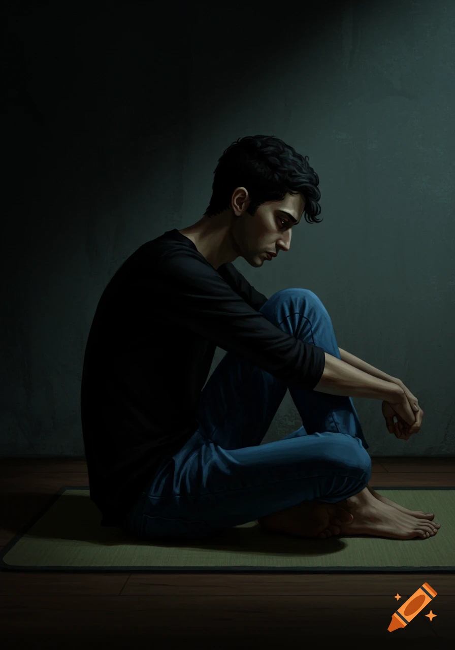 A young man with dark hair and a black shirt sits on a mat in a dimly lit room, looking down with a somber expression.