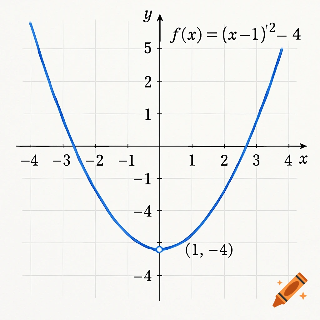 Graph of the parabola f(x)=(x-1)^2-4 on a grid, with its vertex labeled at (1, -4).