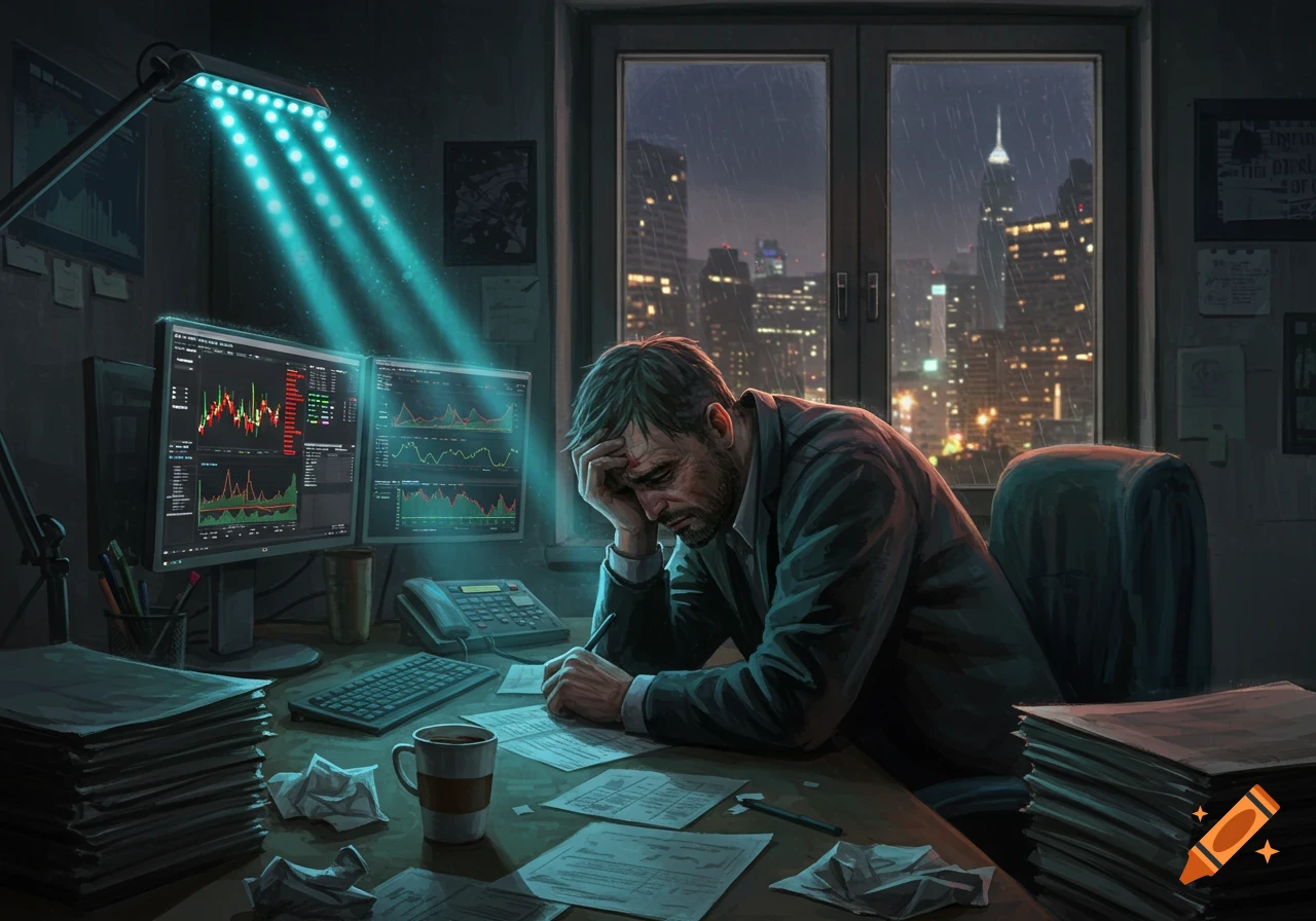 A distressed man sits at a messy desk with financial charts on monitors, a rainy city skyline outside the window, digital painting.