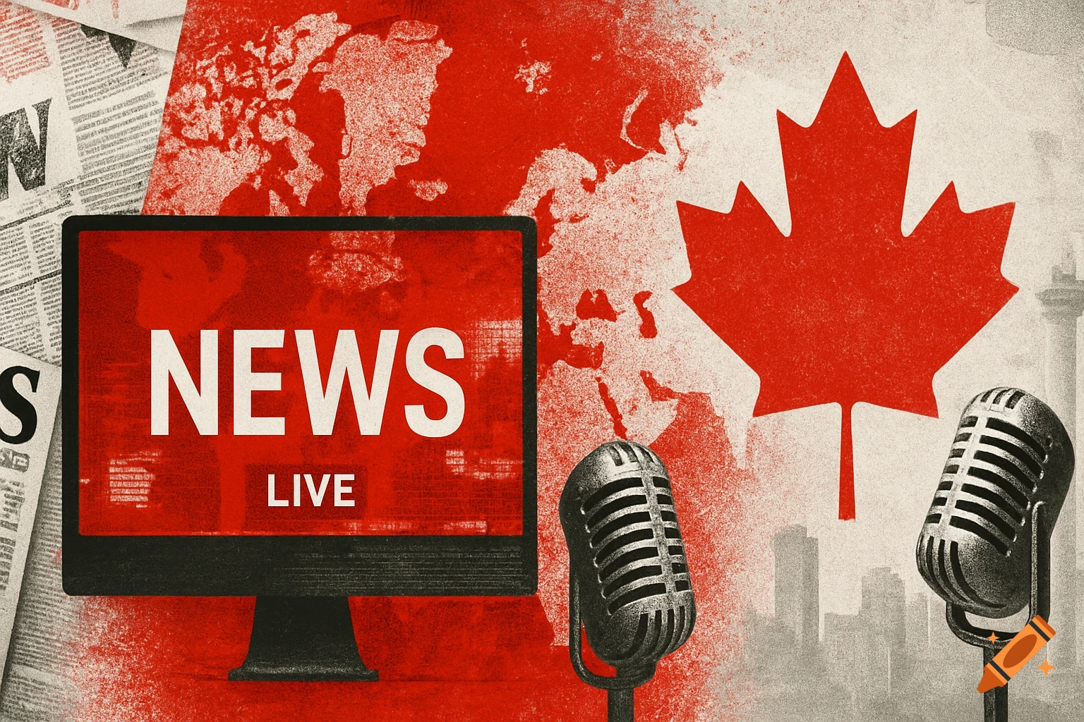 Textured red, white, and black design for a Canadian news page with "NEWS LIVE" on a monitor, two microphones, a maple leaf, and a world map.
