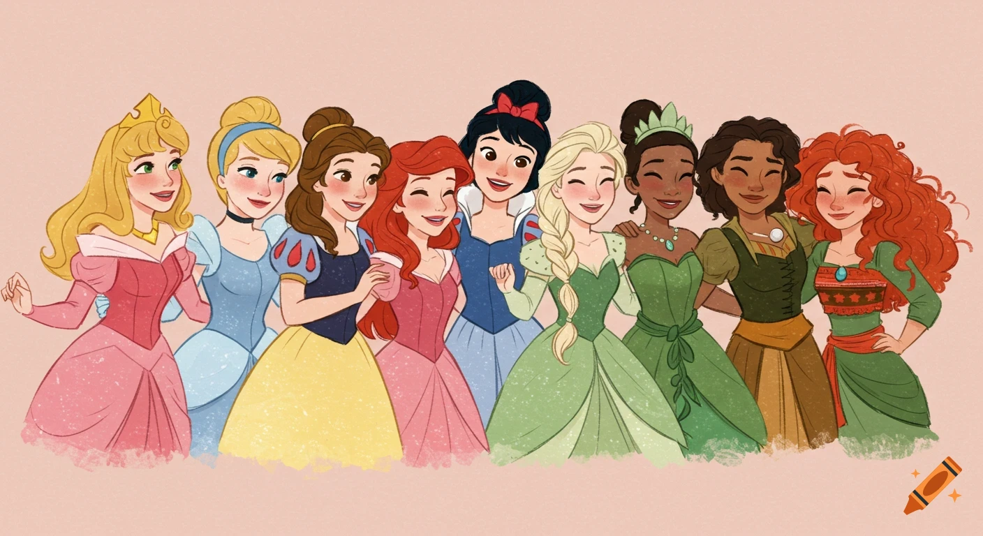 A group of nine animated princesses with varying hair colors and gowns smile brightly in a line on a light pink background.
