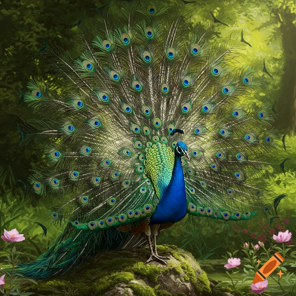 A vibrant peacock with its tail fanned out stands on a mossy rock in a lush, green forest with pink flowers.