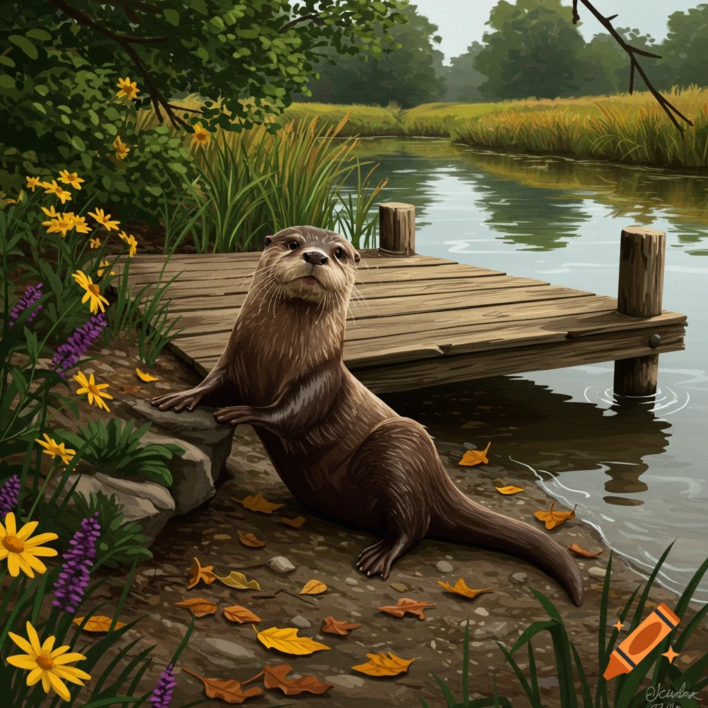 An illustrative painting of a brown otter standing on a riverbank next to a wooden dock, surrounded by green foliage and colorful flowers.