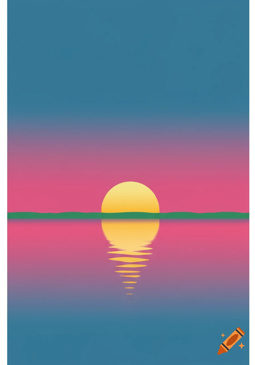 A minimalist, flat illustration of a golden sunset over water with a pink and blue gradient sky.