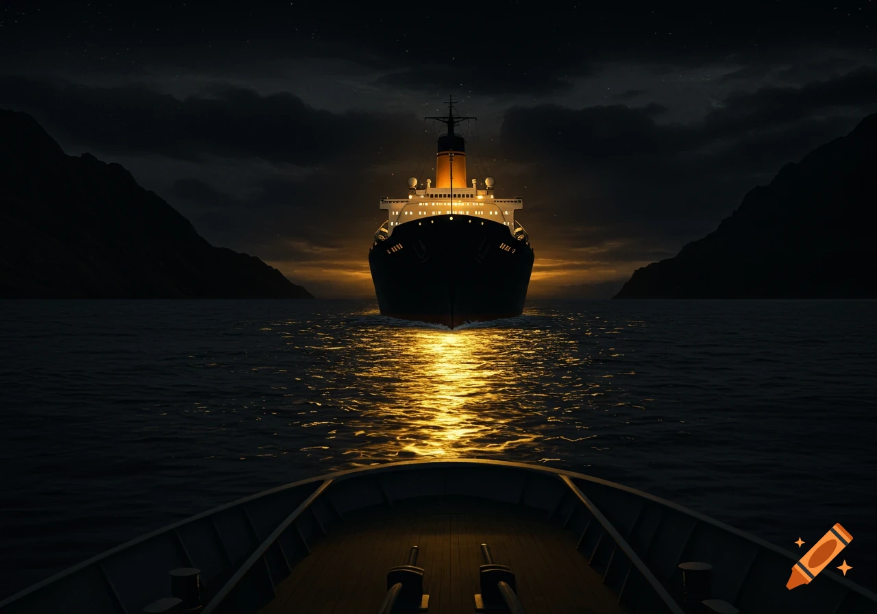 Large, brightly lit cruise ship sailing on dark water with a golden reflection under a cloudy, star-dusted night sky, viewed from another boat.