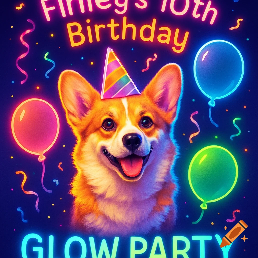 Happy corgi in a party hat with glowing balloons and confetti, against a dark background, with text 'Finley's 10th Birthday GLOW PARTY'.