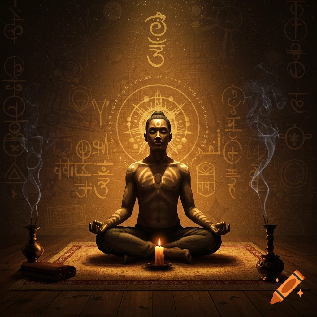 A person meditates cross-legged on a rug, surrounded by mystical symbols on a golden wall, with incense smoke and a burning candle.