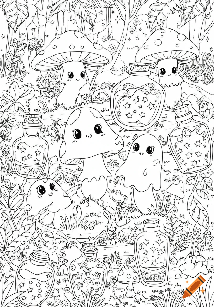 A cute line art coloring page featuring smiling ghost mushrooms and jars filled with stars in a whimsical forest.