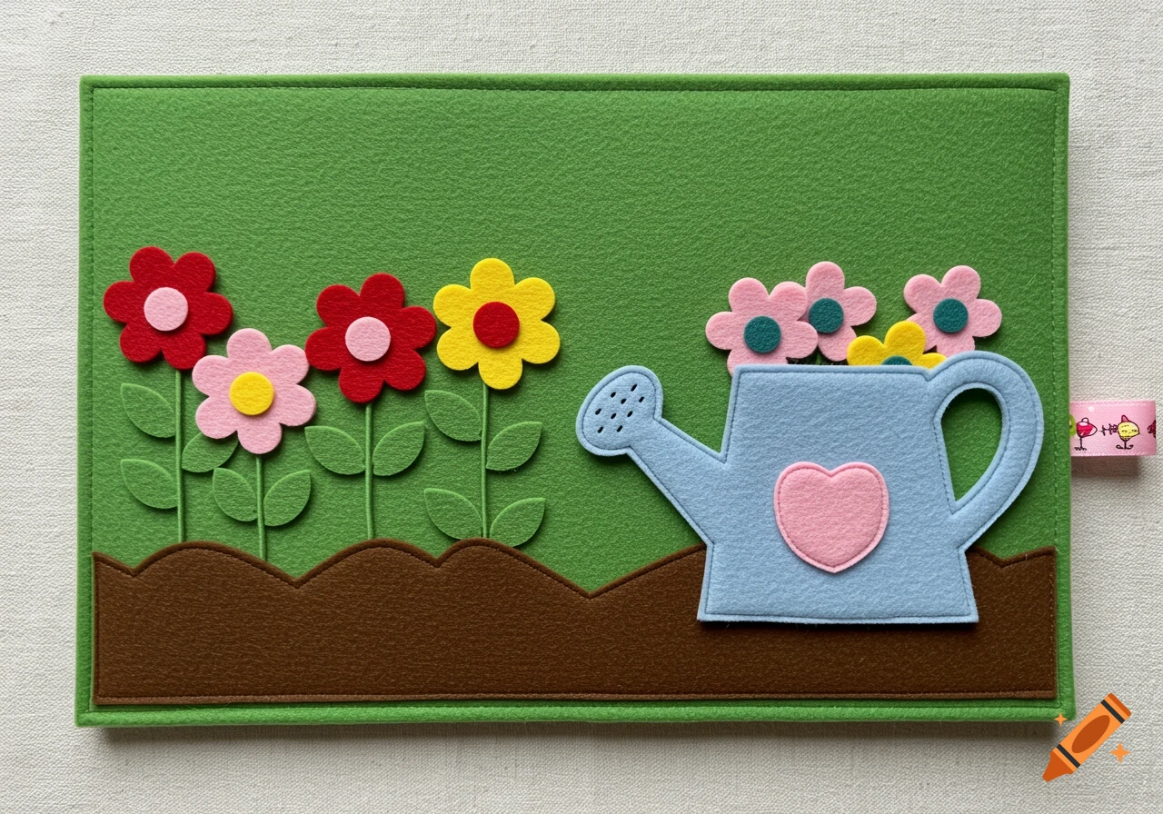 A colorful felt busy book page showing a garden scene with flowers, soil, and a light blue watering can with a pink heart.