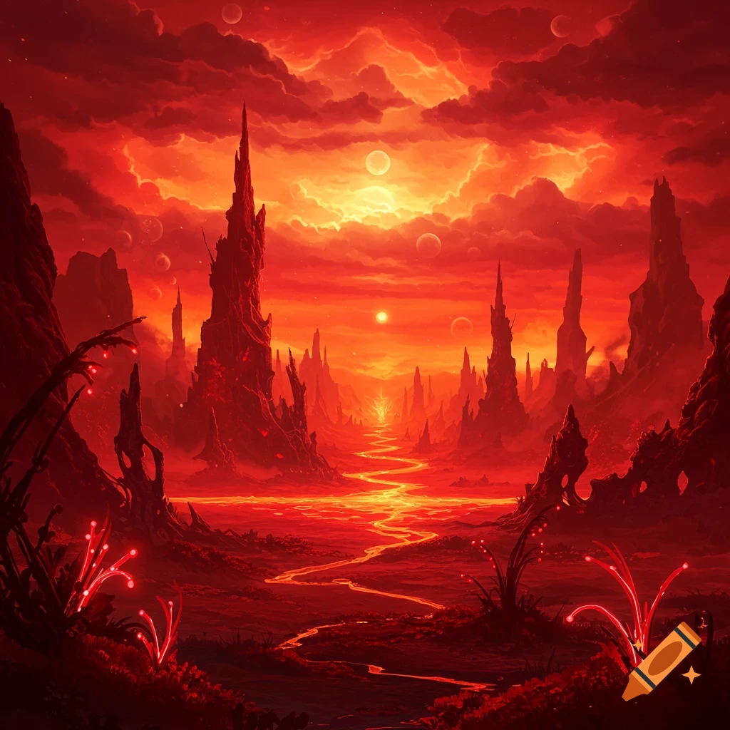 A surreal, hellish red landscape with jagged rock spires, a glowing lava river, and a fiery sky with multiple moons.