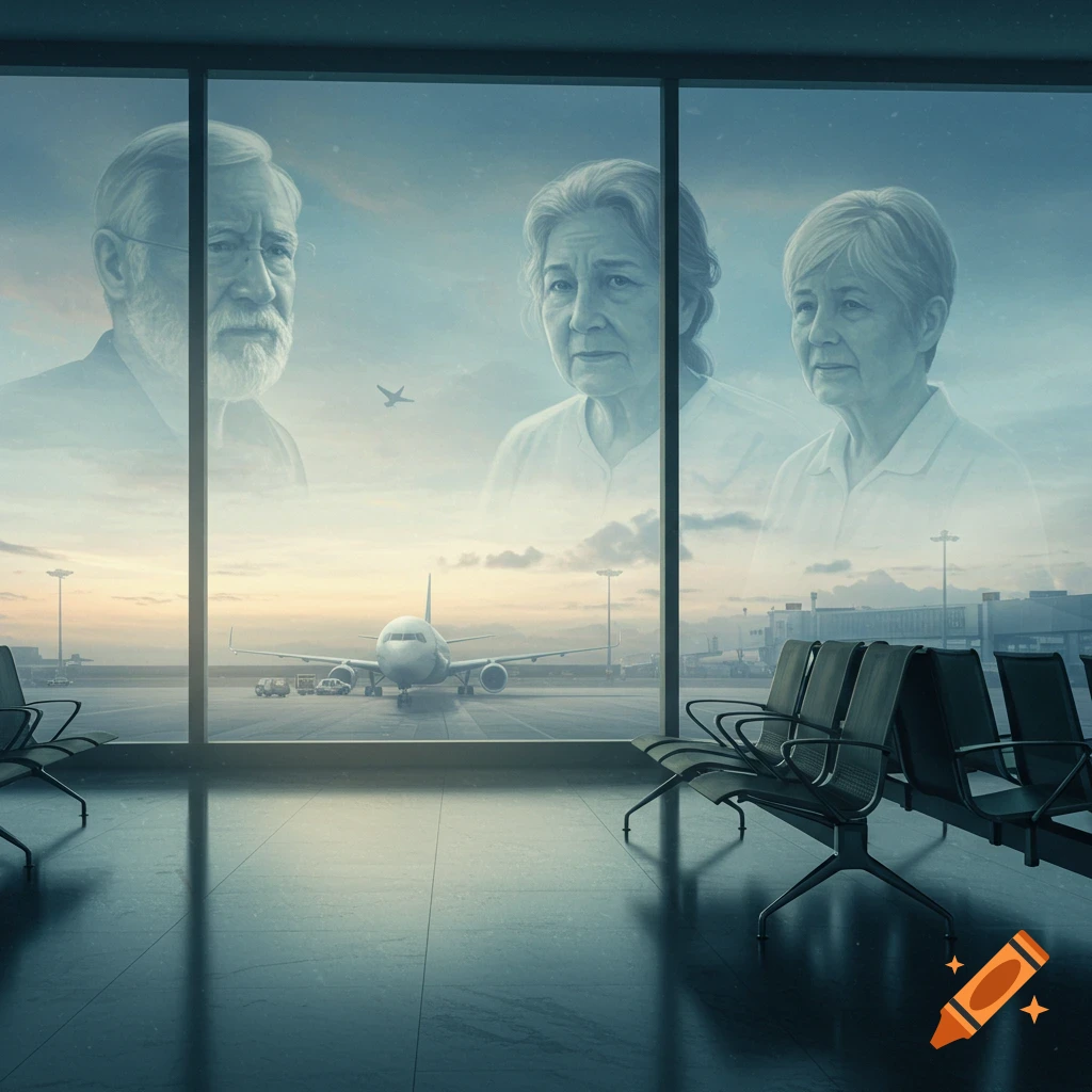 Melancholic airport terminal with an airplane on runway. Transparent images of three elderly people superimposed on window, symbolizing family.