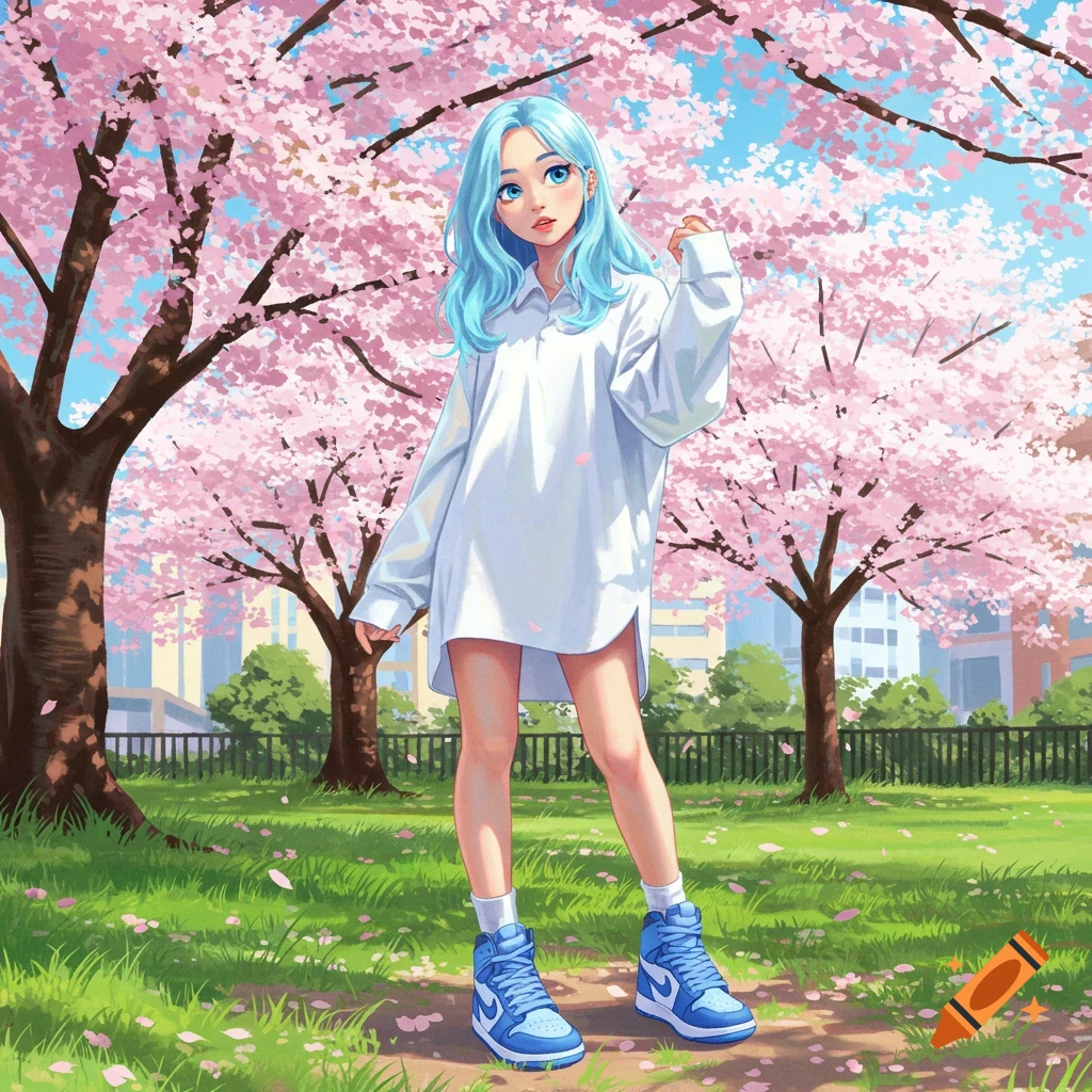 An anime-style girl with baby blue hair, wearing an oversized white shirt and blue sneakers, stands in a park filled with pink cherry blossom trees. Petals are scattered on the grass.