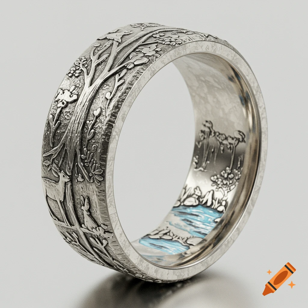 Detailed silver ring engraved with a woodland scene featuring a tree, deer, rabbit, and a blue river.