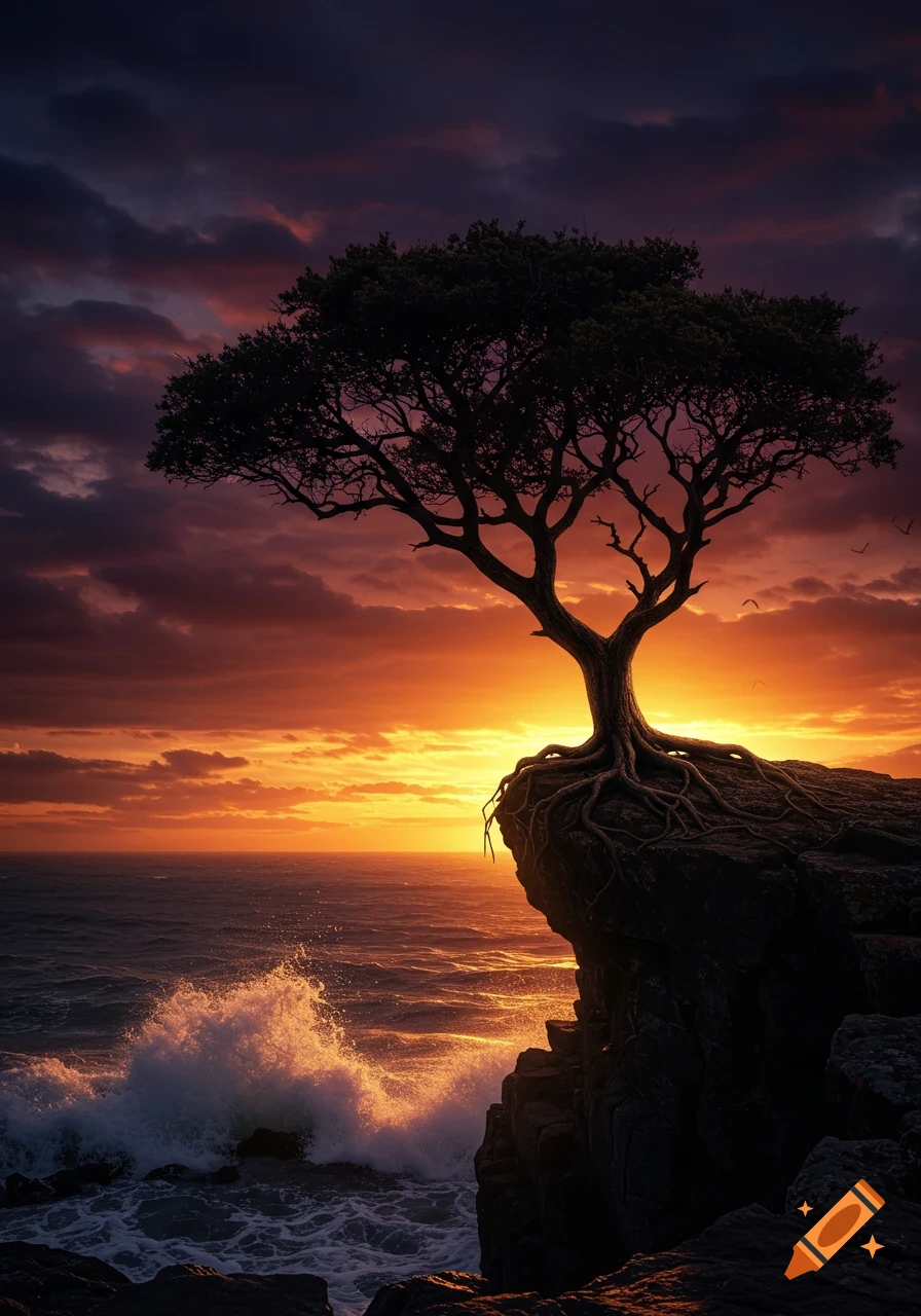 A silhouetted tree stands on a rocky cliff overlooking a wavy ocean at sunset, with an orange and purple sky.