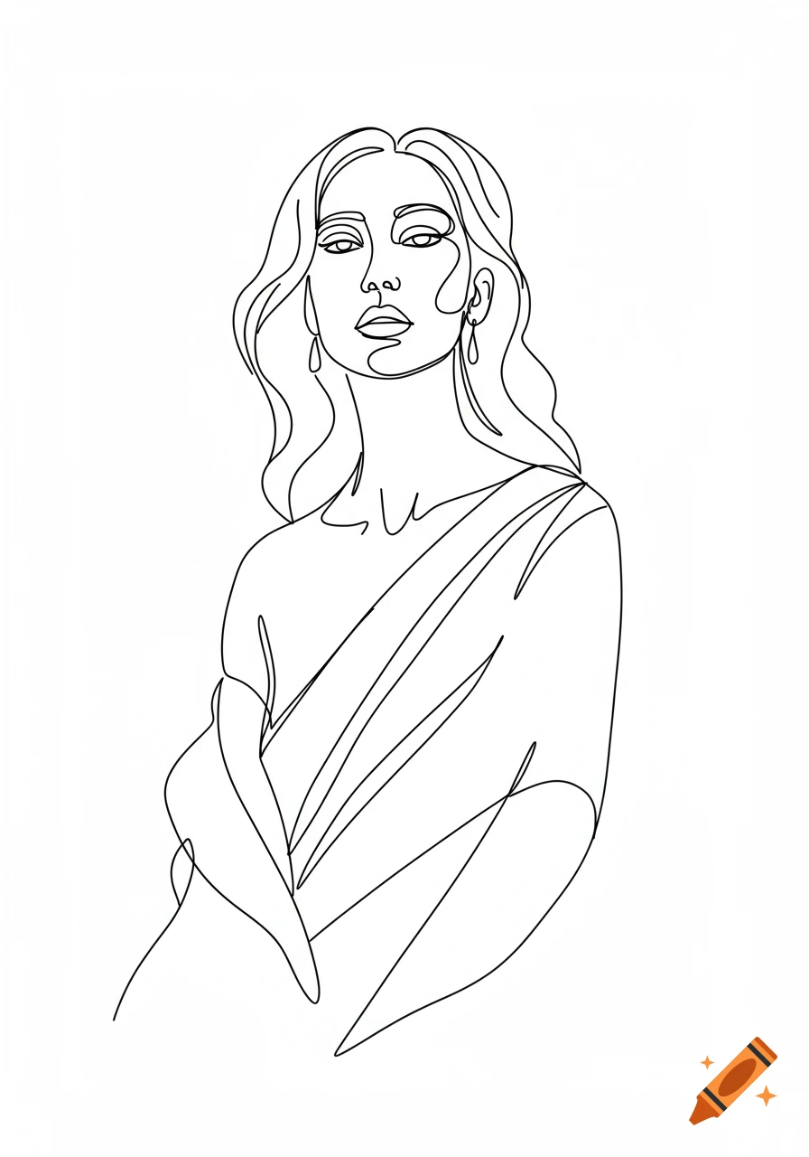 A minimalist black and white line art drawing of a woman with long hair and earrings, draped in fabric.