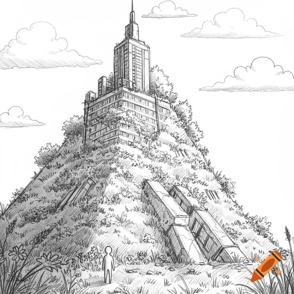 Pencil sketch illustration of a skyscraper partially covered by a lush, green hill, with a small figure at the base.