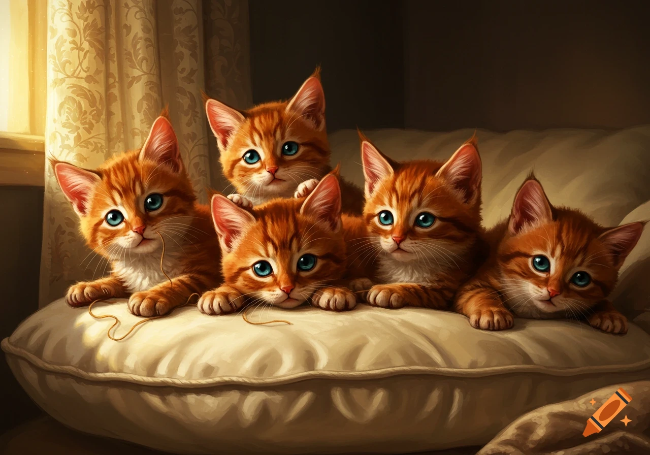 Five adorable ginger tabby kittens with bright blue eyes are nestled together on a fluffy beige pillow.