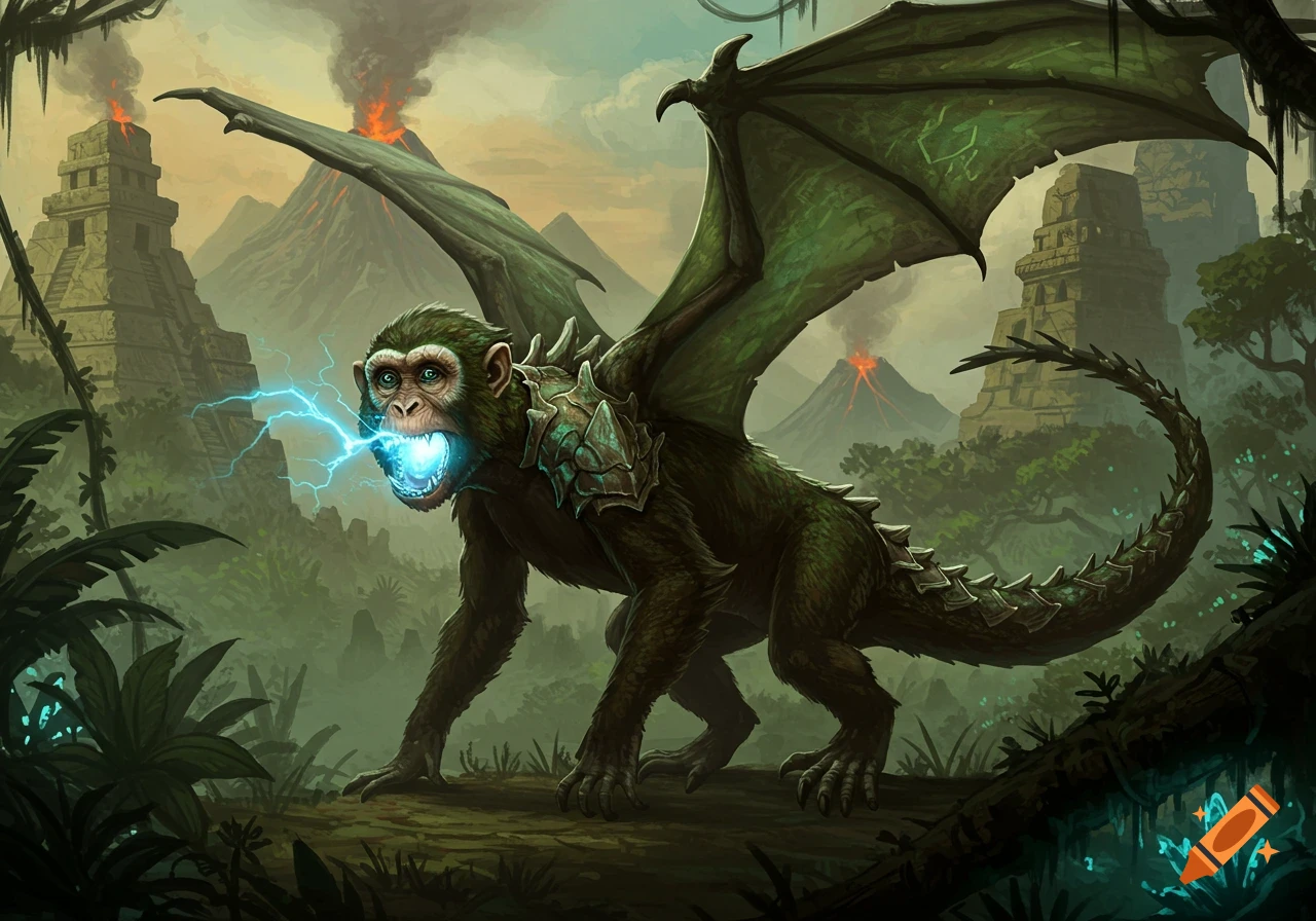 A monkey-dragon-dinosaur creature with glowing blue plasma in its mouth stands in a misty jungle with volcanoes and ancient ruins. Digital art.