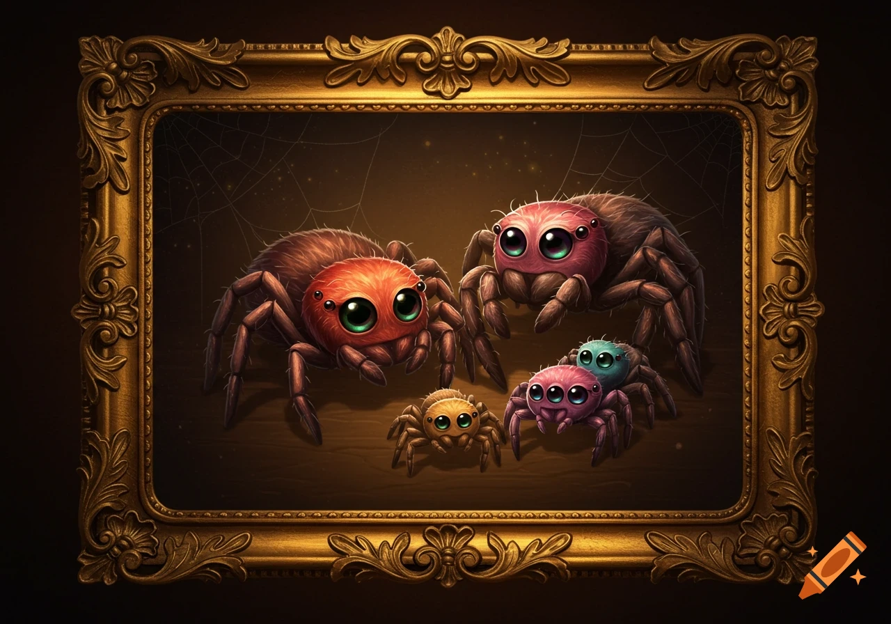 A family portrait of five cute, colorful cartoon spiders with big eyes, set in an ornate golden frame against a dark, web-filled background.