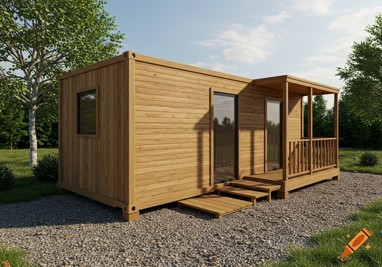 Photorealistic image of a wooden shipping container house with a small porch and steps, set on gravel surrounded by trees.
