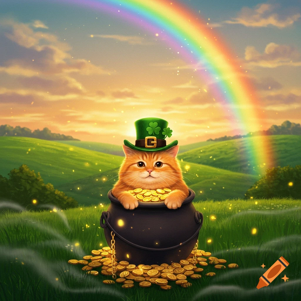 A cute ginger cat wearing a green leprechaun hat sits in a pot overflowing with gold coins under a bright rainbow in a vibrant green field.