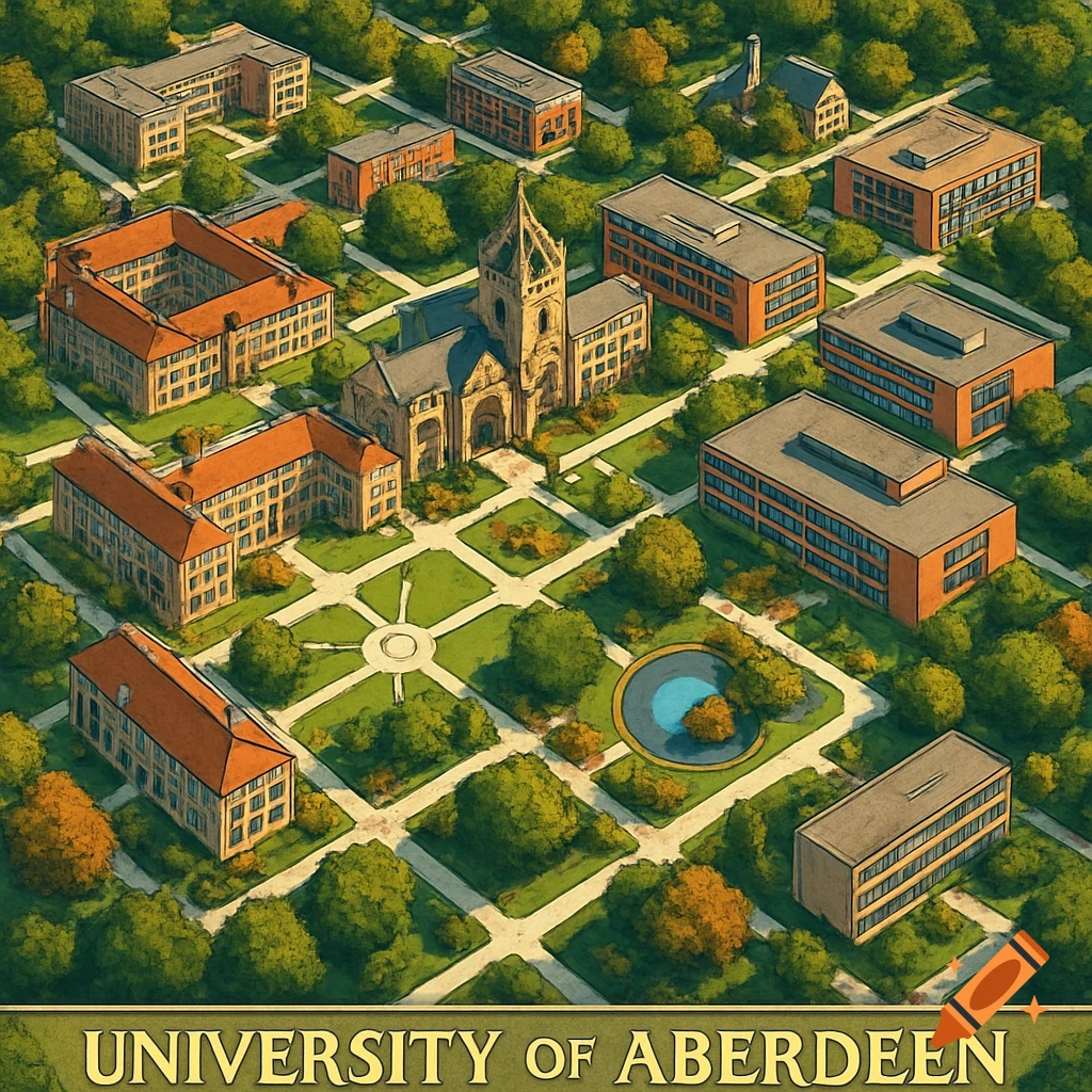 Isometric map view of the University of Aberdeen campus with multiple buildings, green quadrangles, and a central church.