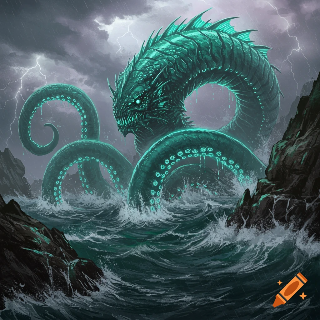Giant glowing teal sea monster with tentacles in stormy waters with lightning.