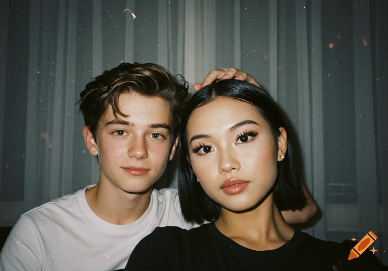 A close-up photorealistic portrait of a young boy and girl, with a vintage Polaroid filter and scattered light effects. The girl rests her hand on the boy's head.