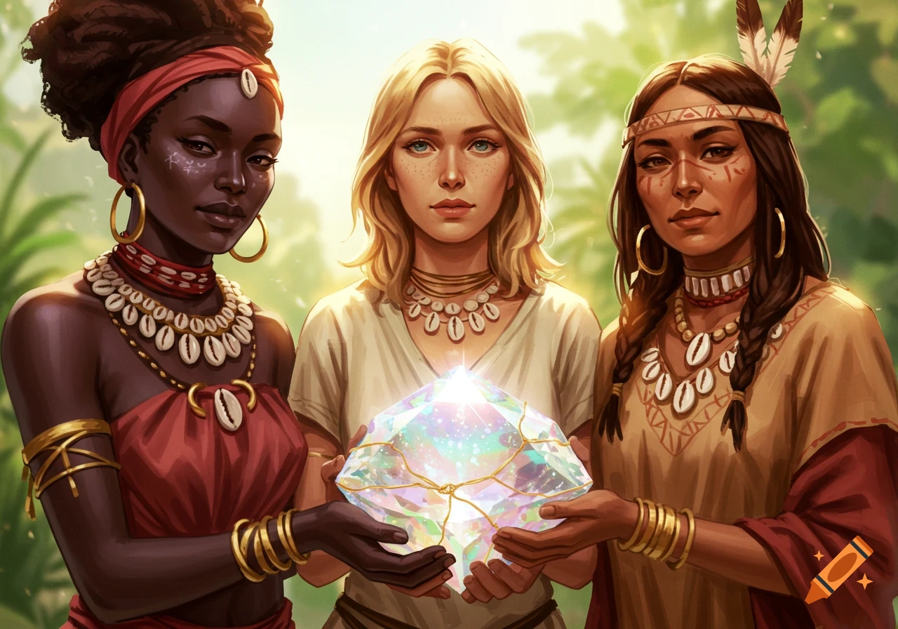 Three women, African, blonde, and Native American, in cultural attire and jewelry, holding a large iridescent gemstone in a lush setting.