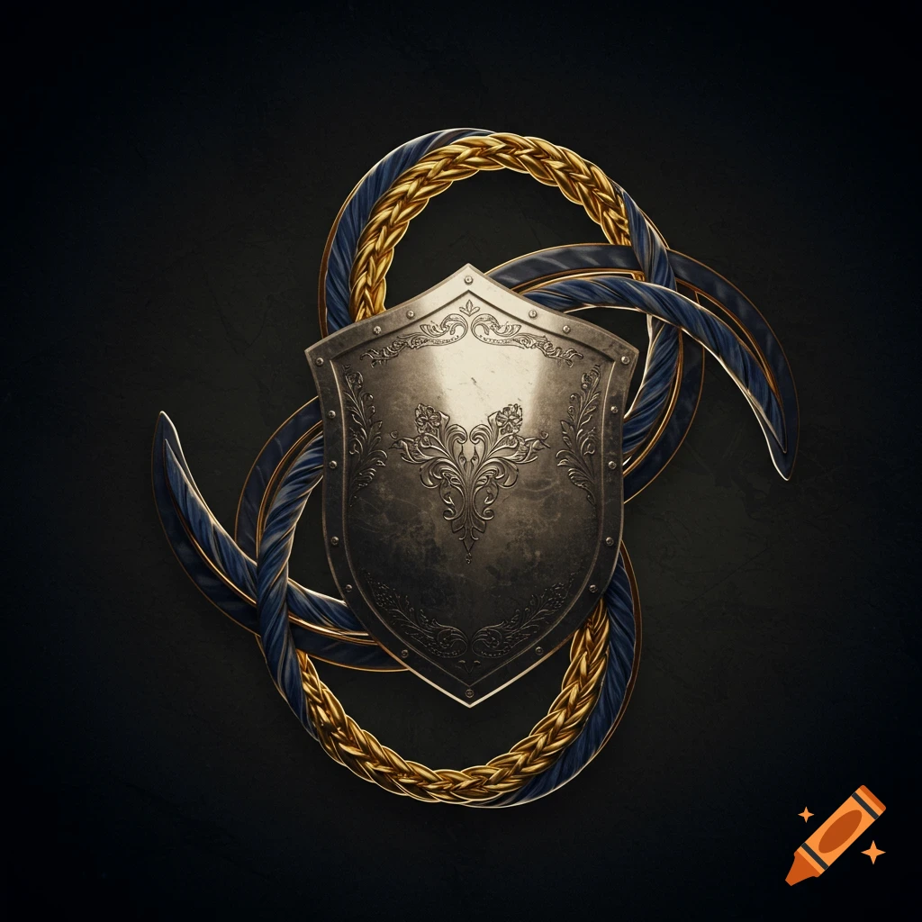 A metallic silver shield with ornate engravings, surrounded by intertwined golden braids and dark blue ribbons on a dark background.