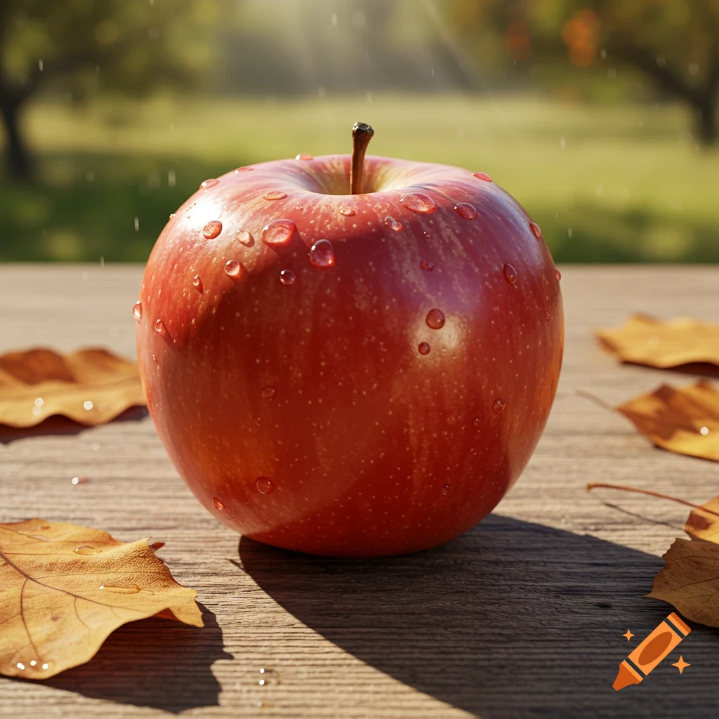 A fresh red apple with water droplets sits on a wooden table with autumn leaves, bathed in sunlight.