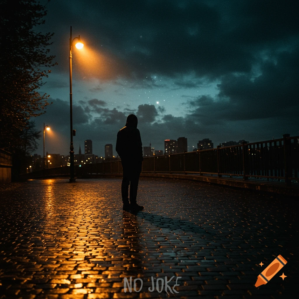 A hooded figure stands under a glowing streetlamp on a wet cobblestone street at night, with a city skyline in the background.