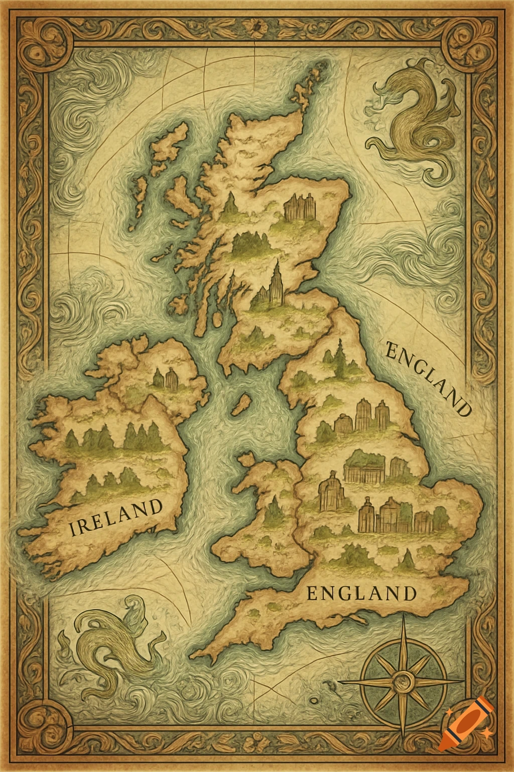 Stylized vintage map of the UK and Ireland with ornate borders, labels for England and Ireland, and sea monsters.