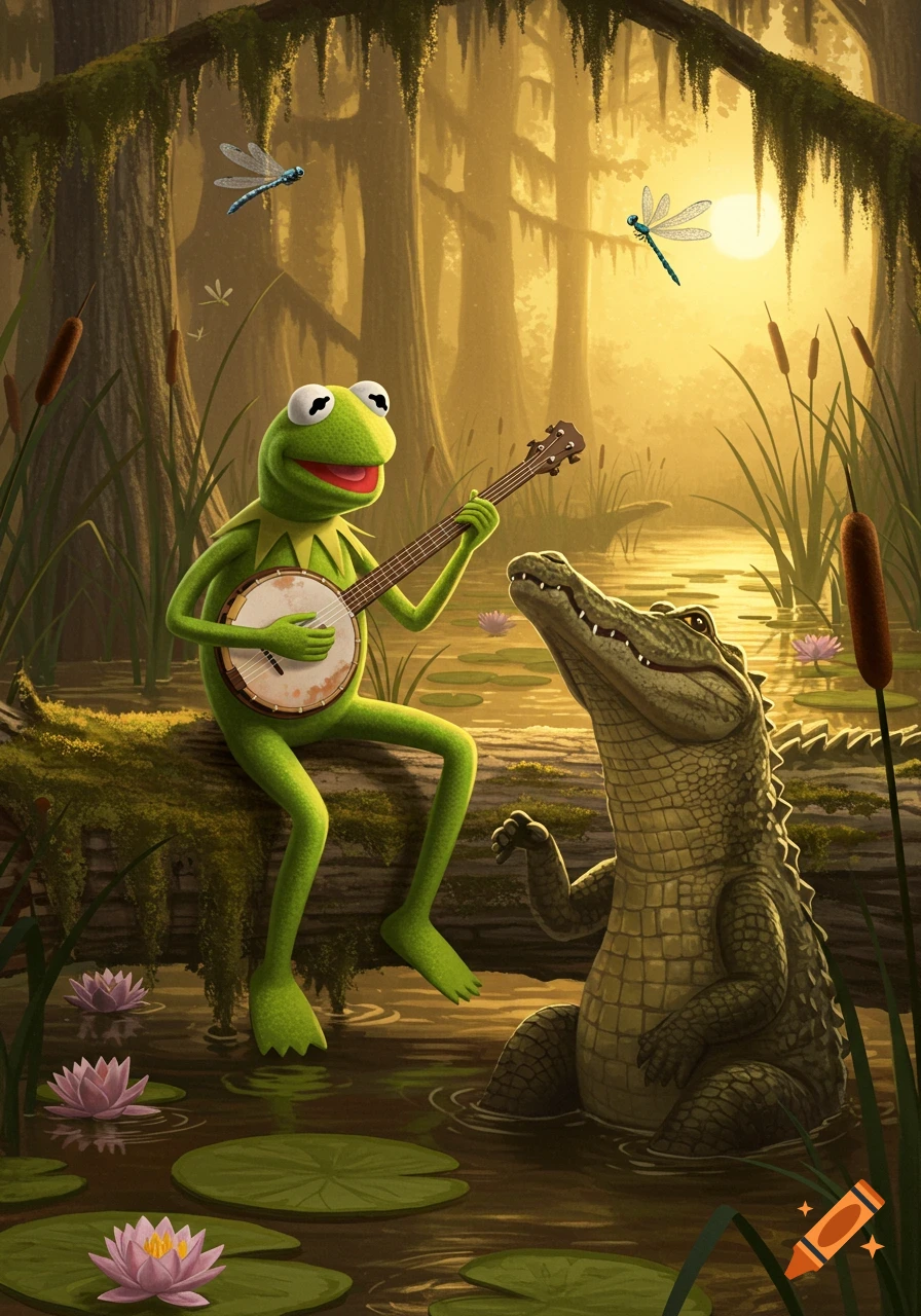Kermit the Frog plays a banjo while sitting on a log, serenading an alligator in a lush, golden-lit swamp.