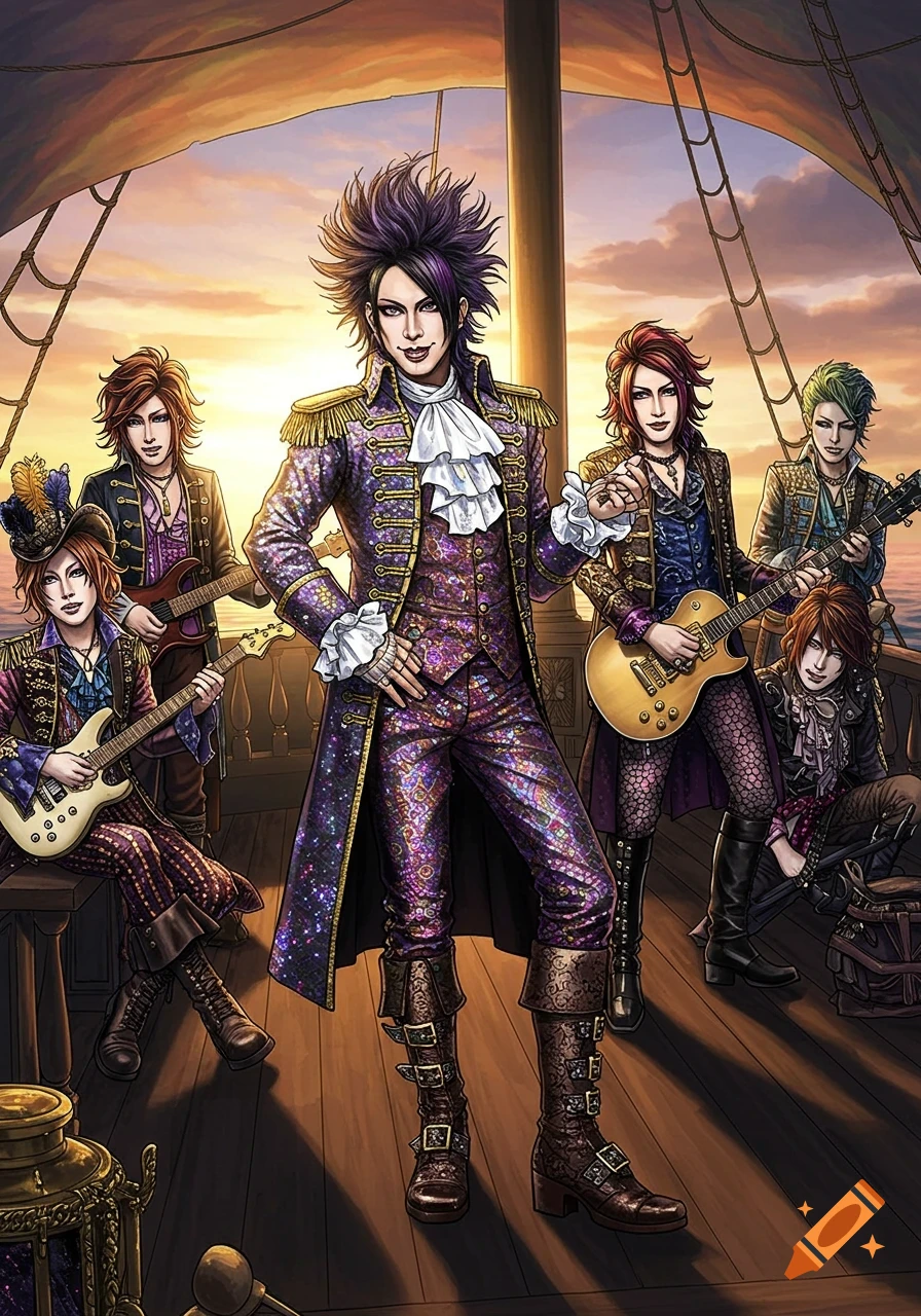 Anime-style Visual Kei pirate band members in flamboyant costumes pose with guitars on a ship at sunset.