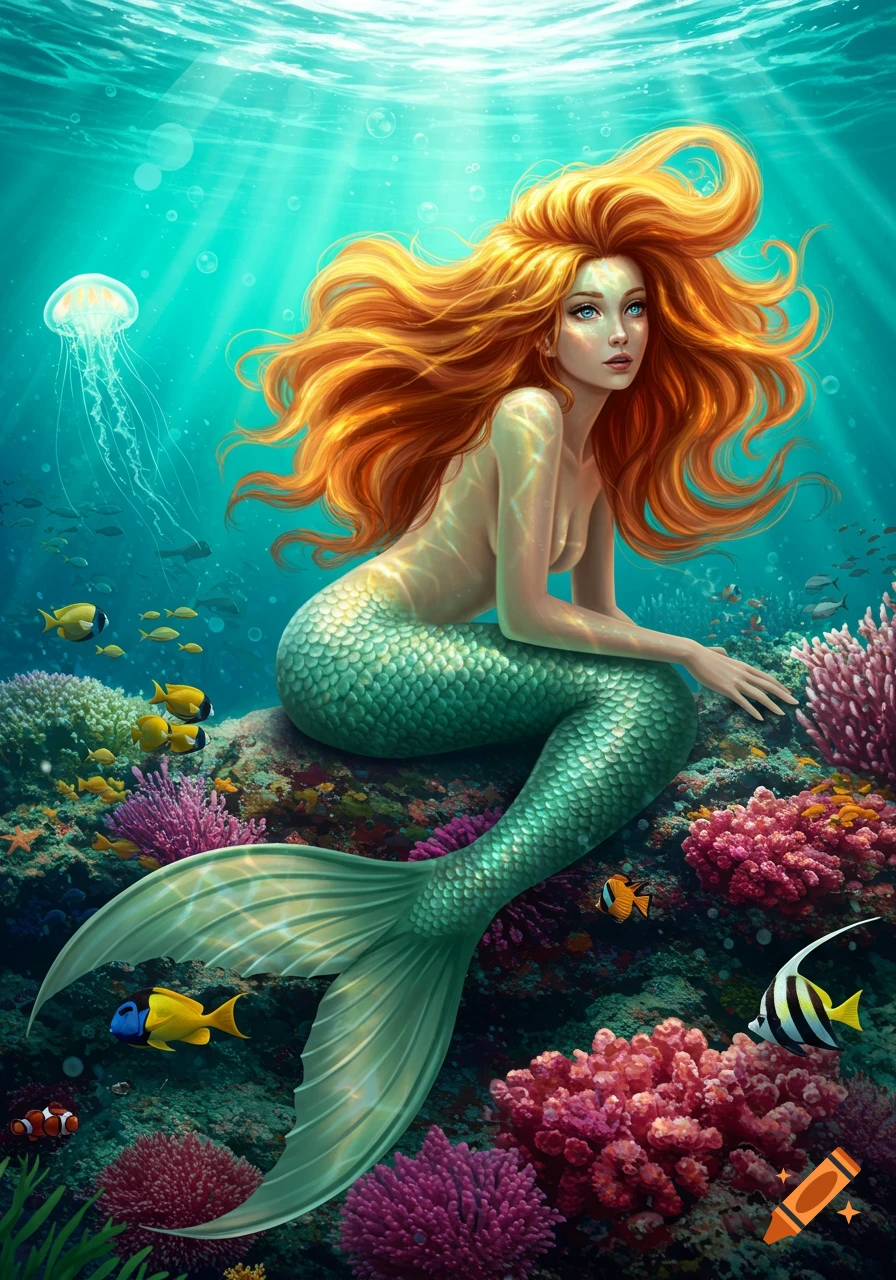 A beautiful mermaid with flowing ginger hair and a green tail sits on a vibrant coral reef in clear blue ocean, surrounded by fish.