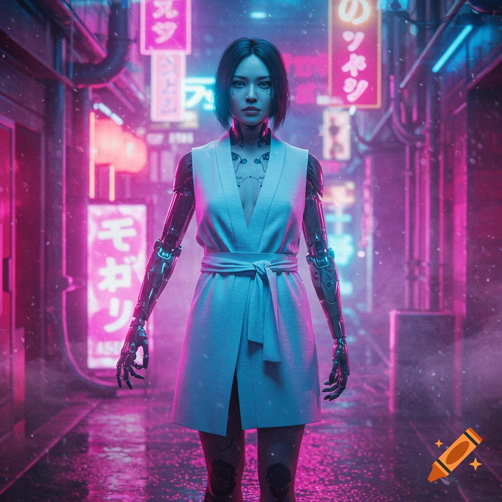 Cybernetic woman in a white haori stands in a neon-lit cyberpunk alley, with glowing signs in the background.