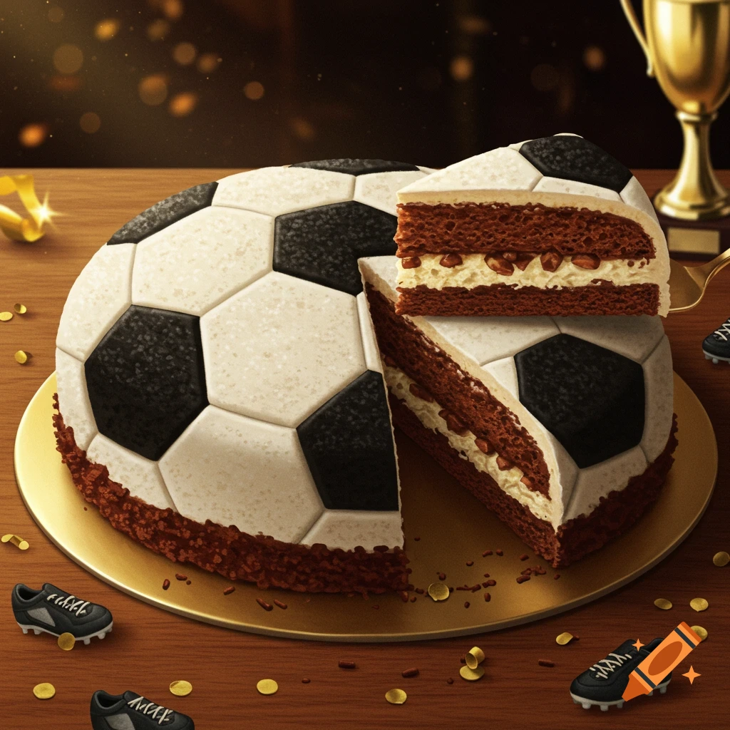 A realistic soccer ball shaped cake with a slice cut out and raised, revealing layers of cake and cream filling. On a gold platter with small soccer cleats and confetti.