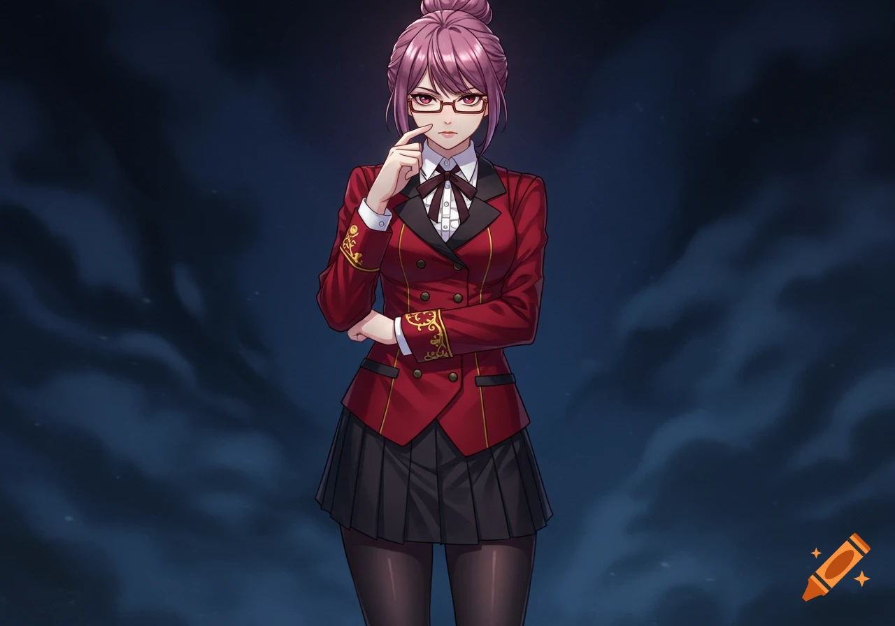 Anime-style female character with pink hair in a bun, glasses, red blazer with gold trim, black pleated skirt, standing against a dark background.