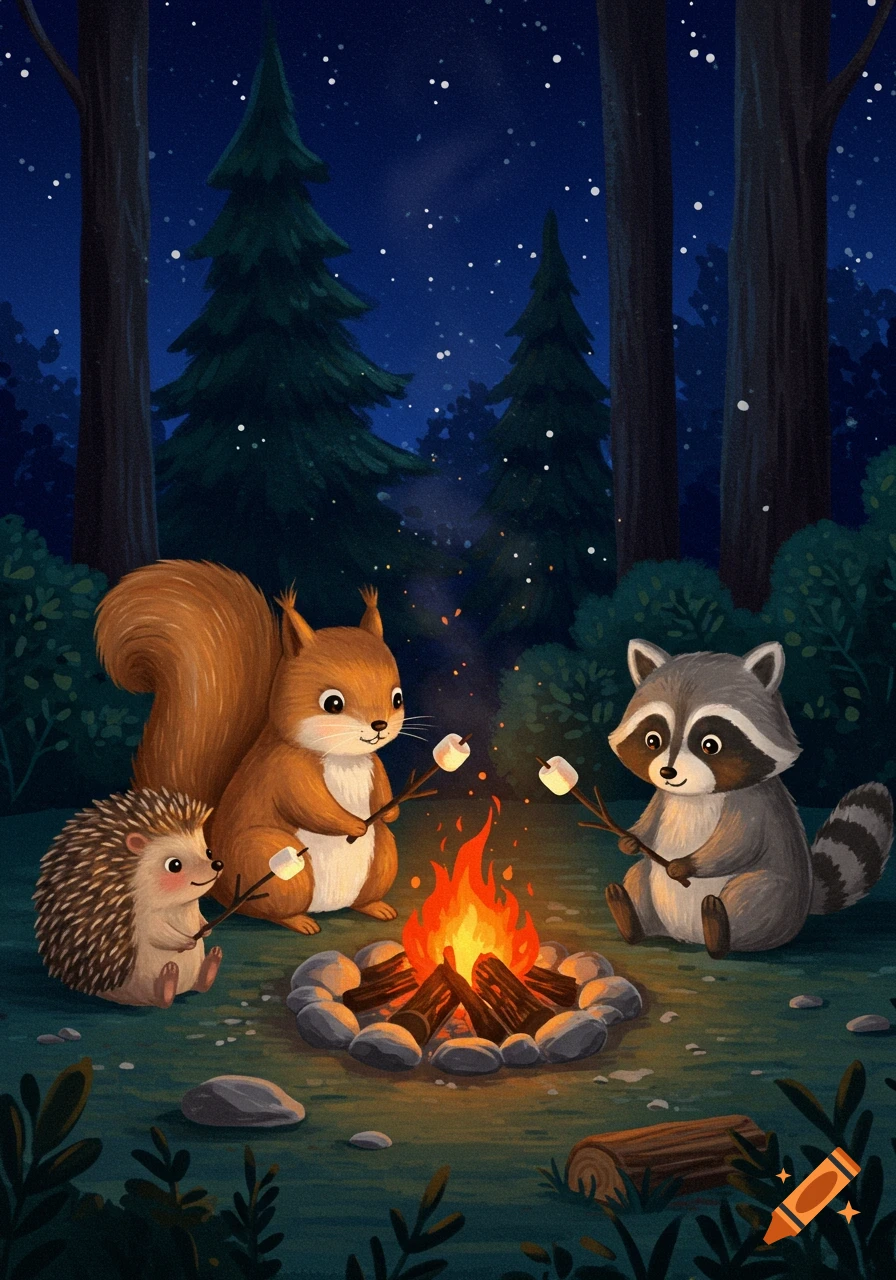 Cartoon hedgehog, squirrel, and raccoon roasting marshmallows over a campfire in a night forest.
