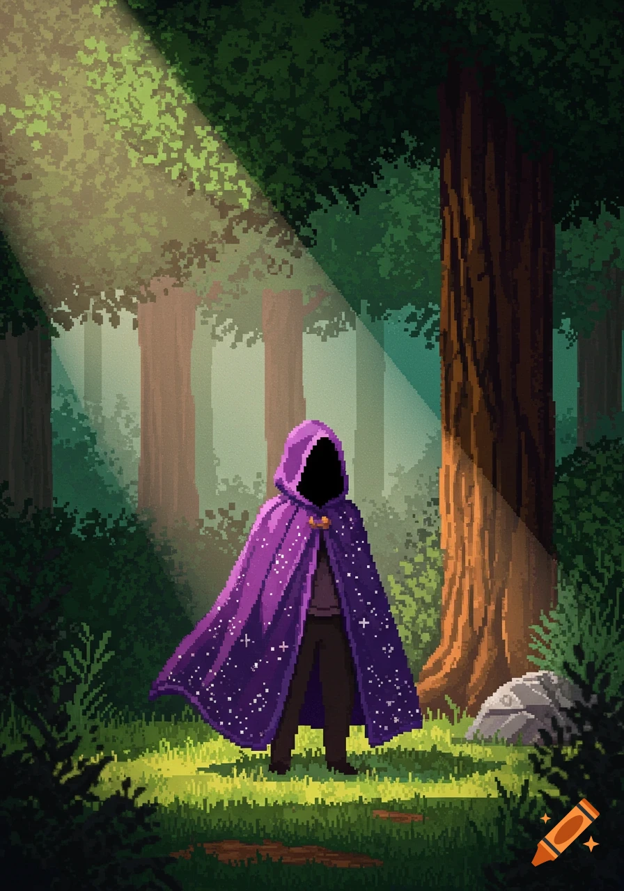 A cloaked figure with a dark hood and a star-speckled purple cloak stands in a pixel art forest, illuminated by sun rays.