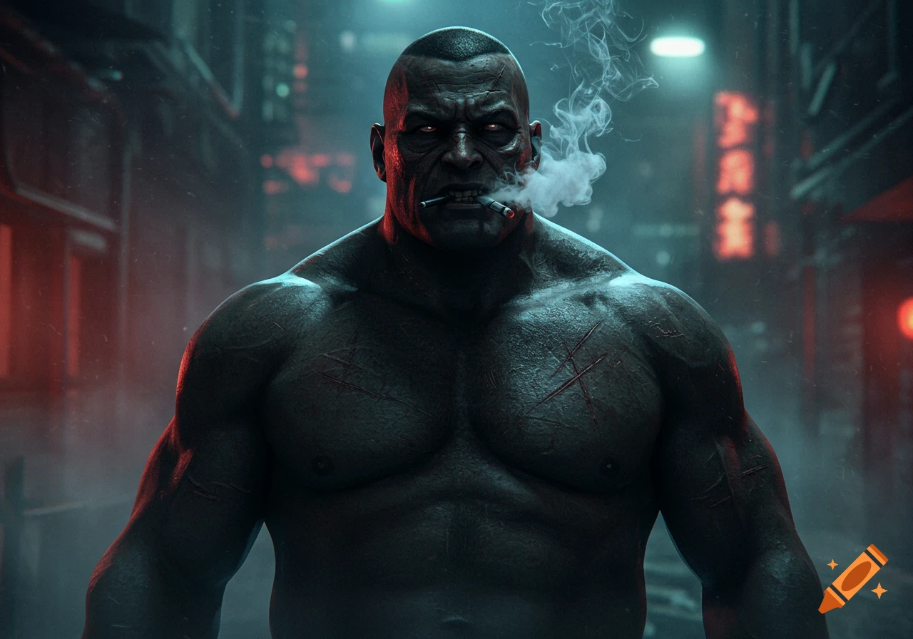 Muscular, scarred man with glowing red eyes smoking a cigarette in a dark, neon-lit cyberpunk alley. Gritty photorealistic style.