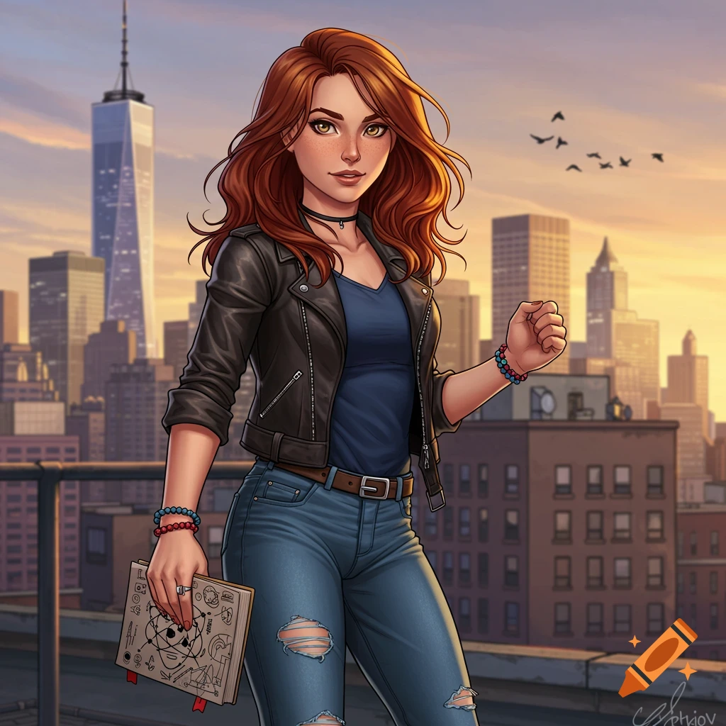An illustration of a young woman with red hair, wearing a leather jacket and ripped jeans, holding a science notebook on a city rooftop at sunset.