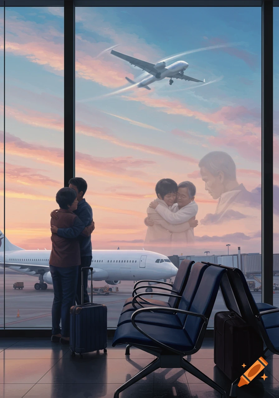 A couple hugs at an airport window, a plane on the tarmac and another flying. Faded images of parents hug and an older man's face appear in the sky.